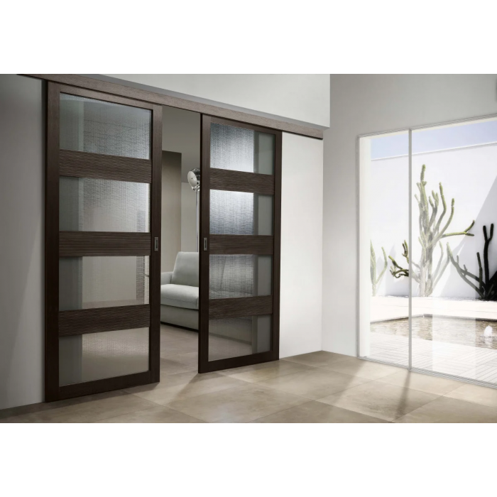 Комплект SLIDING SYNCRO для двустворчатой синхронной двери, вес до 60 кг, обычный стопор, потолочное крепление.