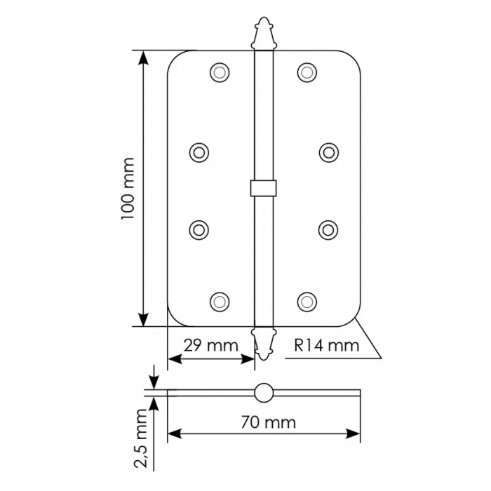 MS-C 100X70X2.5 SG R, петля стальная скругленная правая, цвет - мат.золото