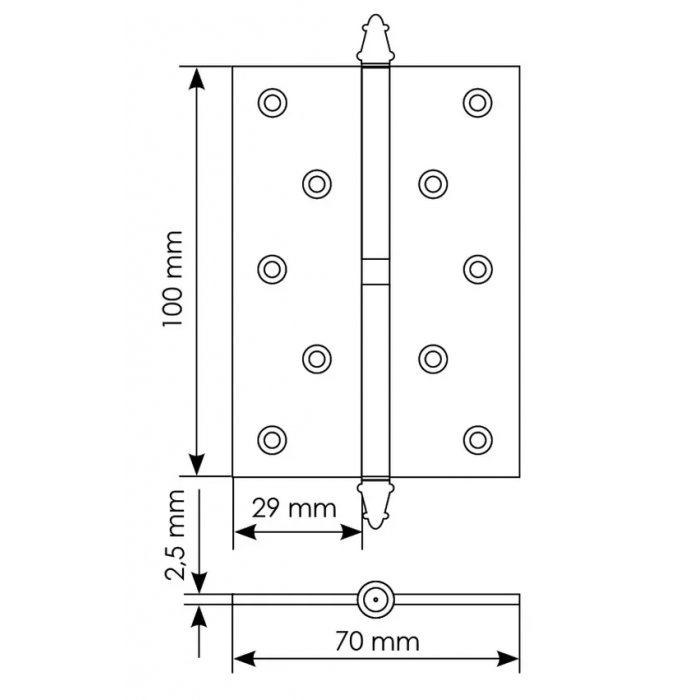 MS 100X70X2.5 R PG, Петля стальная правая,цвет-золото 1шт.